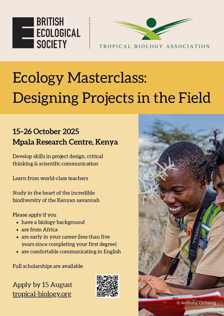 TropicalBiologyAssociation (@tropicalbiology) on Twitter photo Are you an early-career African researcher looking to grow your project design skills?
The Tropical Biology Association and the British Ecological Society are teaming up for a new field course, specifically for you!
Apply now at tropical-biology.org/ecology-master…
<a href="/BritishEcolSoc/">British Ecological Society</a> <a href="/mpala_rc/">Mpala Research Centre / @mpalarc.bsky.social</a> Are you an early-career African researcher looking to grow your project design skills?
The Tropical Biology Association and the British Ecological Society are teaming up for a new field course, specifically for you!
Apply now at tropical-biology.org/ecology-master…
<a href="/BritishEcolSoc/">British Ecological Society</a> <a href="/mpala_rc/">Mpala Research Centre / @mpalarc.bsky.social</a>