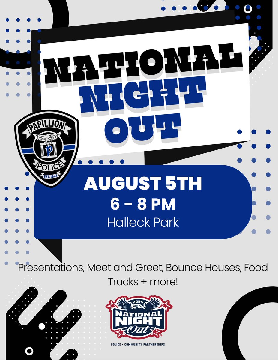 👋 Hey neighbors!

Join us for an evening of fun, food, and connection with your neighbors and local first responders for #NationalNightOut2025! We'll be at Halleck Park this year on Tuesday, August 5th, from 6:00 - 8:00 pm with food trucks, community resources, games, music, and