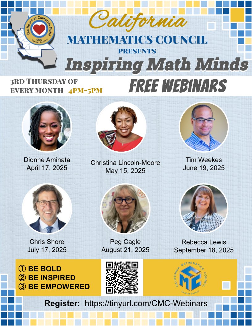 Join us every month on the 3rd Thursday from 4pm - 5pm Pacific Time to listen to the best math education leaders in California.

Check out our next six guests!

#iTeachMath  <a href="/cmcmath/">이승철</a>.bsky.social  <a href="/CAMathCouncil/">CMC - CA MathCouncil</a>

Register for FREE: tinyurl.com/CMC-Webinars