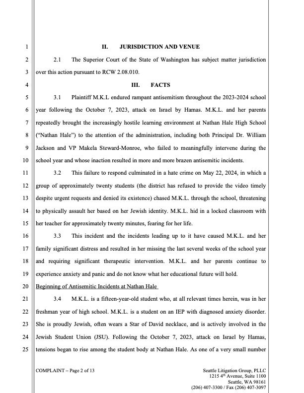FreeBeacon's tweet photo. LAWSUIT: A Seattle public school student was left with "terrifying nightmares and flashbacks" after a mob of classmates waited for her outside of a locked classroom and threatened to physically assault her because of her Jewish identity. District officials "failed to meaningfully intervene."

That's according to a disturbing new lawsuit the student's parents filed against the district. It details months of anti-Semitic incidents, including pervasive harassment and the drawing of swastikas throughout the Hale High School campus.