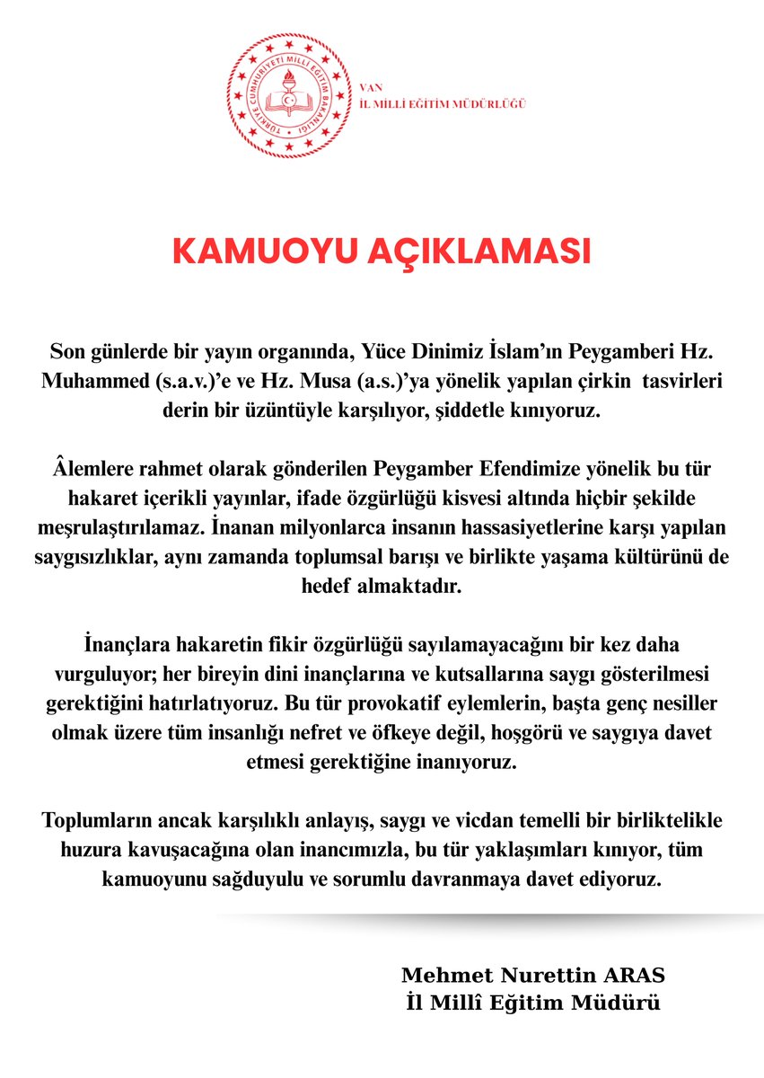 Van İl Milli Eğitim Müdürlüğü (@vanilmem) on Twitter photo İl Millî Eğitim Müdürümüz Sn. Mehmet Nurettin Aras'ın Kamuoyu Açıklaması
🔗van.meb.gov.tr/www/il-mudurum……
<a href="/tcmeb/">Millî Eğitim Bakanlığı</a> <a href="/Yusuf__Tekin/">Yusuf Tekin</a> <a href="/mnaras/">M.Nurettin ARAS🇹🇷</a> İl Millî Eğitim Müdürümüz Sn. Mehmet Nurettin Aras'ın Kamuoyu Açıklaması
🔗van.meb.gov.tr/www/il-mudurum……
<a href="/tcmeb/">Millî Eğitim Bakanlığı</a> <a href="/Yusuf__Tekin/">Yusuf Tekin</a> <a href="/mnaras/">M.Nurettin ARAS🇹🇷</a>