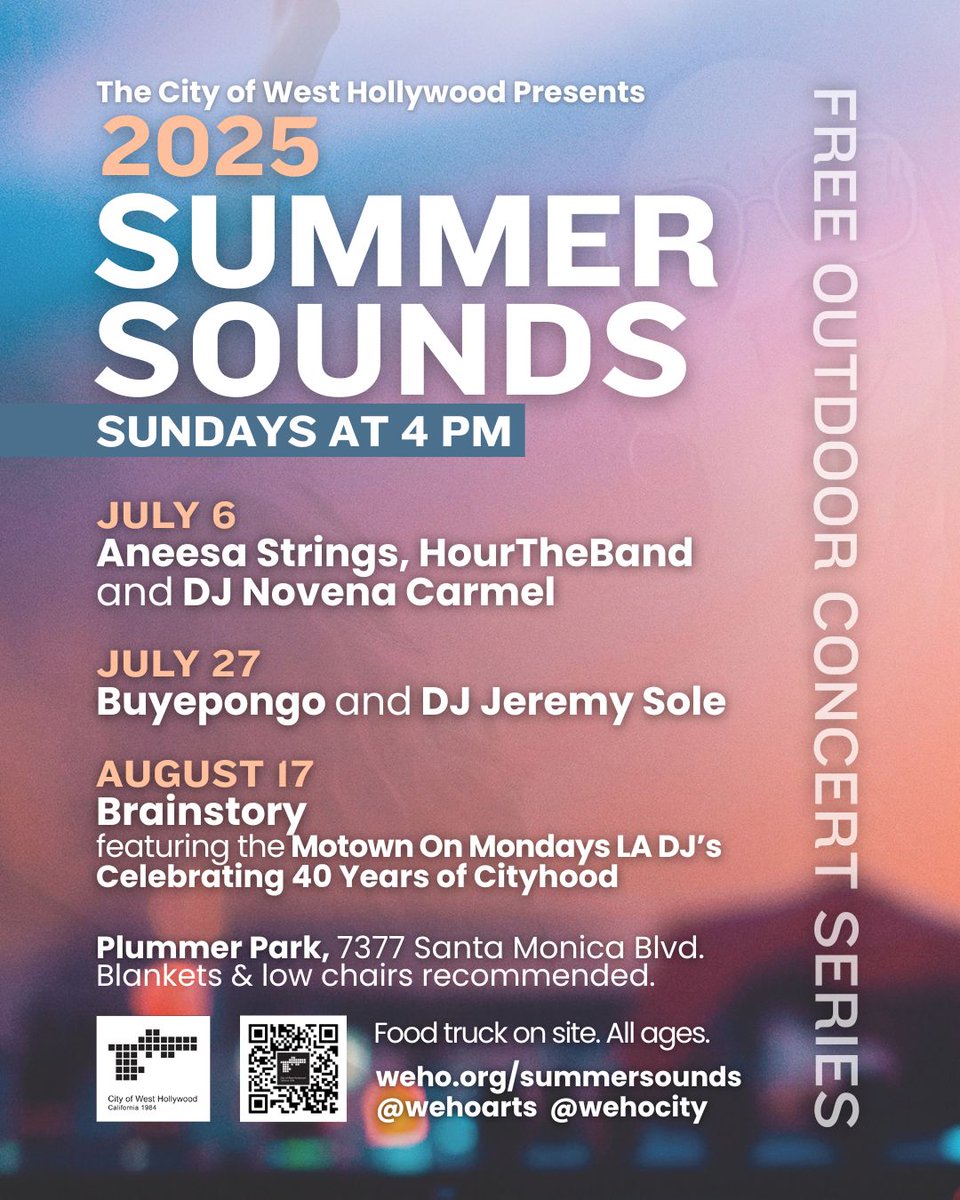 Our Summer Sounds Free Outdoor Concert Series returns to Plummer Park starting Sunday, July 6, and continues through August 17!

🌳 Bring a blanket, pack a picnic (or grab a bite onsite), and soak in the sounds of summer!

Full lineup + details: weho.org/summersounds