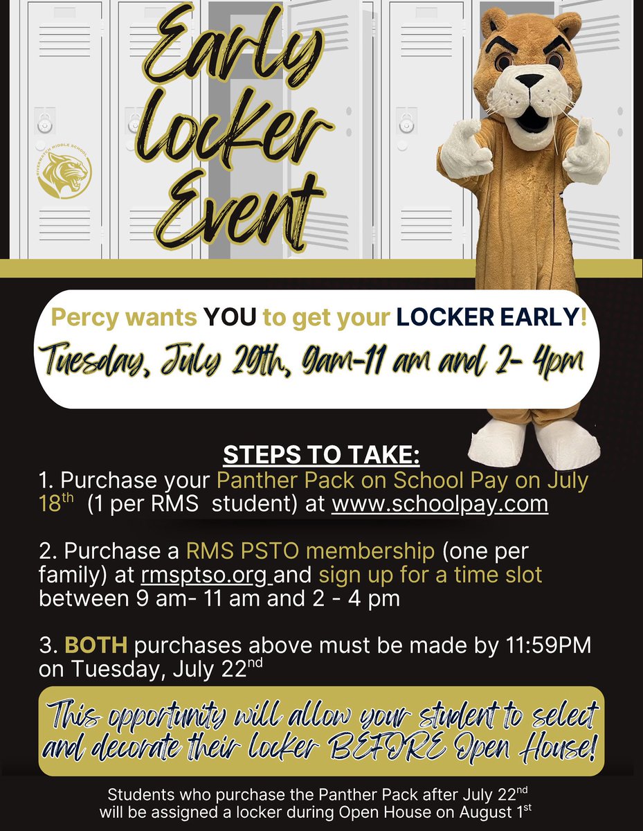 RiverwatchMS's tweet photo. It’s getting closer to the start of our 25-26 school year! Get your locker picked out and set up all before school starts by purchasing your Panther Pack and joining PTSO! https://t.co/nPTcy7bfIE