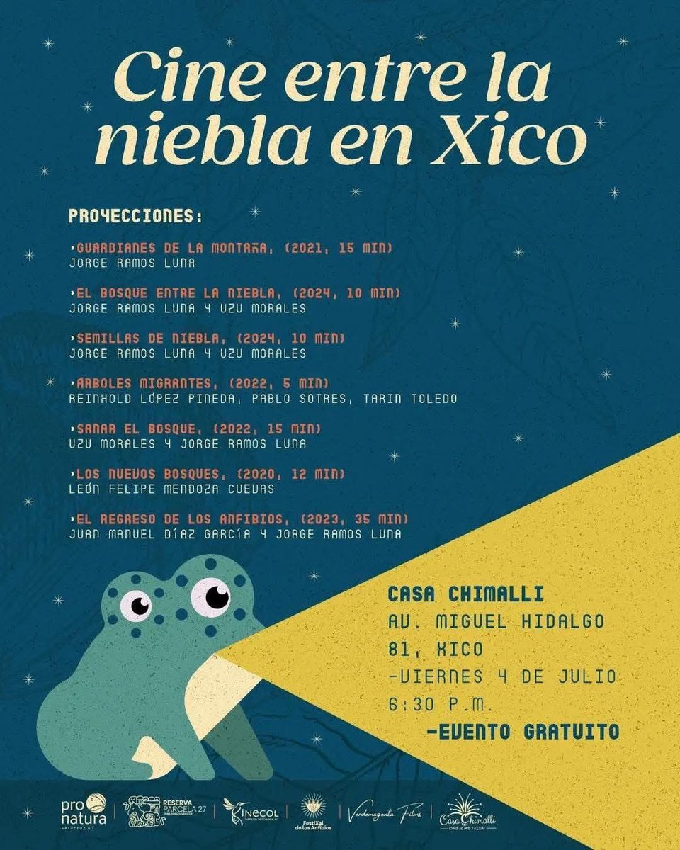 #Veracruz 
El viernes 04 de julio, podrás disfrutar de la proyección especial de «Cine entre la niebla de Xico». 🌫️📽️ Un serie de cortometrajes sobre belleza y conservación de bosques. 🌳

🎞️ La cita es en la Casa Chimalli a las 18:30 horas
🍃 Entrada gratuita.
☁️ ¡No faltes!