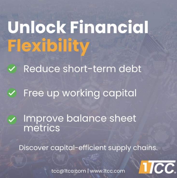 1_TCC_'s tweet photo. Unlock Financial Flexibility with Trade Capital Corporation®
At 1TCC®, we help CFOs take control of their supply chain finance strategy by unlocking liquidity, de-risking supply chains, and optimizing inventory costs for sustainable growth.

https://t.co/np8nNUHIVE | tcc@1tcc.com https://t.co/ldq9qBpG9b
