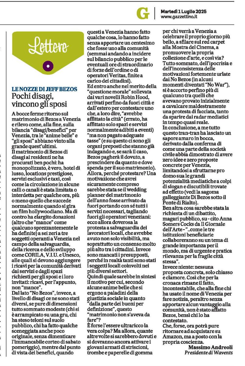 Il mio intervento su "Il Gazzettino" di oggi, 1 luglio, ovviamente sul tema del momento: il matrimonio Bezos &amp; Venezia. Certo, avrei potuto tranquillamente starmene zitto, però...
#venezia #venice #wedding #bezos #bezoswedding