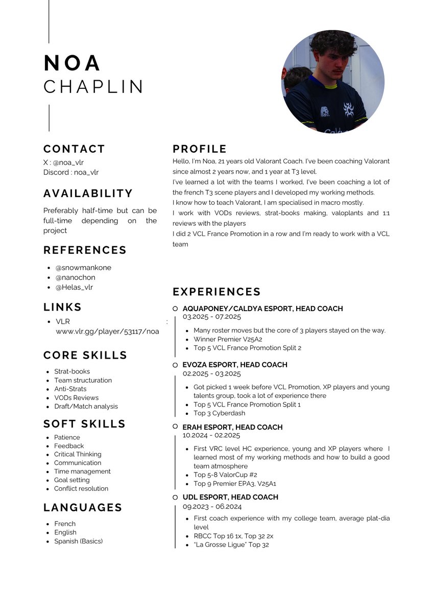 👋I’m now LFT HC or AC ! 

- VCL/VRC/GC
- Can build a team from scratch, specialized in macro, working on the strengths of the team
- Fast learner, very hard-worker and good teacher/leader
- Can create playbooks, anti-strats

Contact in DMs or discord : noa_vlr ✉️