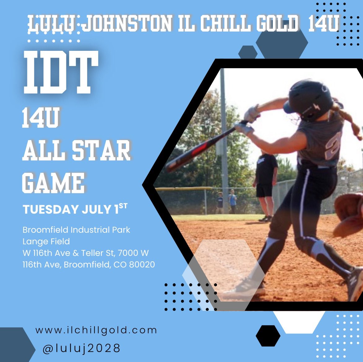 Lulu Johnston (@luluj2028) on Twitter photo Super excited to compete in the IDT Allstar game! Goodluck to my <a href="/ILChillGold/">Chill Gold Softball</a> teammates that will also be playing in the game tonight <a href="/erinryansb2027/">Erin Ryan 2027</a> <a href="/PurchasTP3/">Taylor Purchas (c/o 2028)</a> <a href="/Jillian_D41/">Jillian DeYoung</a> <a href="/MsDuehr/">Olivia Cocciemiglio</a> <a href="/MirandaElish/">Miranda</a> Super excited to compete in the IDT Allstar game! Goodluck to my <a href="/ILChillGold/">Chill Gold Softball</a> teammates that will also be playing in the game tonight <a href="/erinryansb2027/">Erin Ryan 2027</a> <a href="/PurchasTP3/">Taylor Purchas (c/o 2028)</a> <a href="/Jillian_D41/">Jillian DeYoung</a> <a href="/MsDuehr/">Olivia Cocciemiglio</a> <a href="/MirandaElish/">Miranda</a>