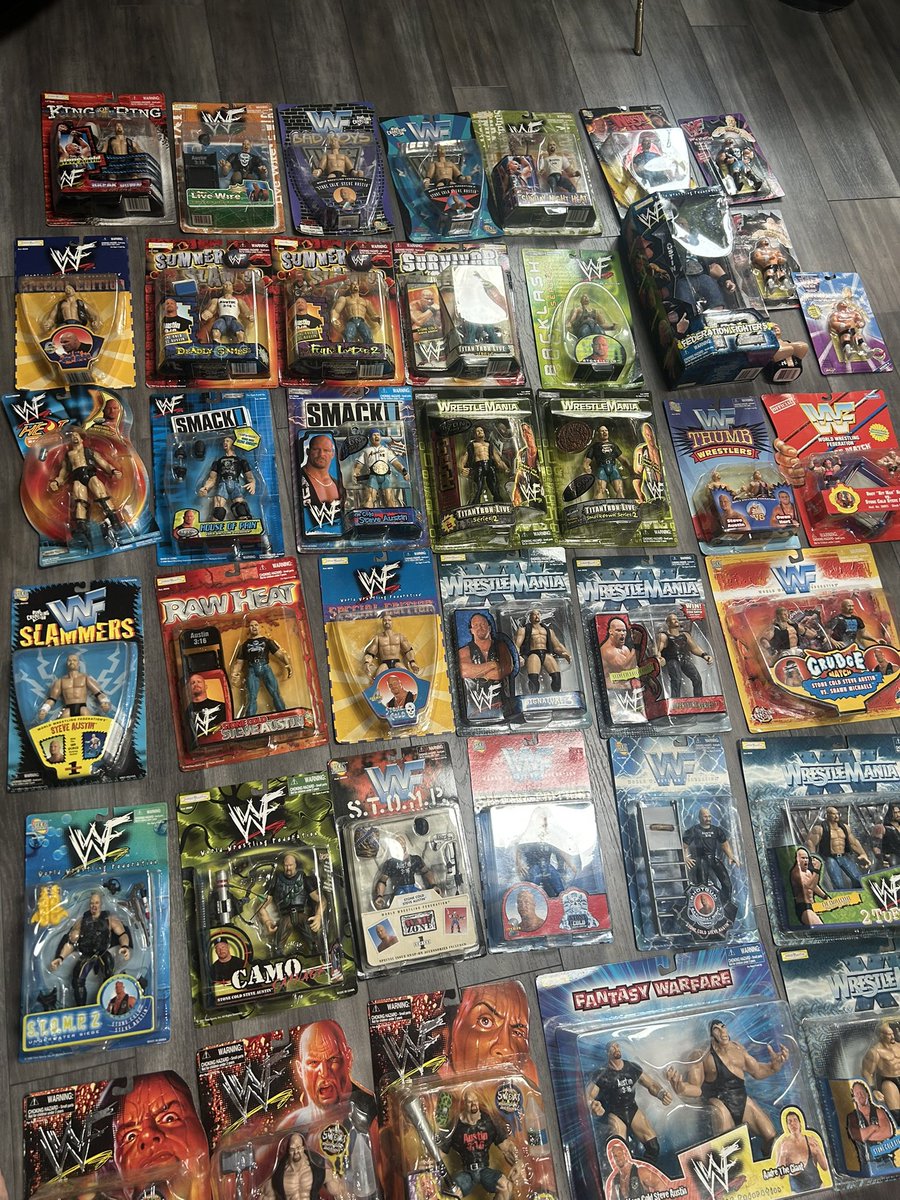 hovaaa87's tweet photo. Got this massive Stone Cold Steve Austin Jakks lot. Cards are all pretty decent and I'm keeping NONE of this. Interested in anything.. feel free to DM.
Let's make a deal before this ends up on Edward Bay. #FigLife
@FullyPoseable @MajorWFPod @VintageJakksBCA https://t.co/PbvxmXvzfB