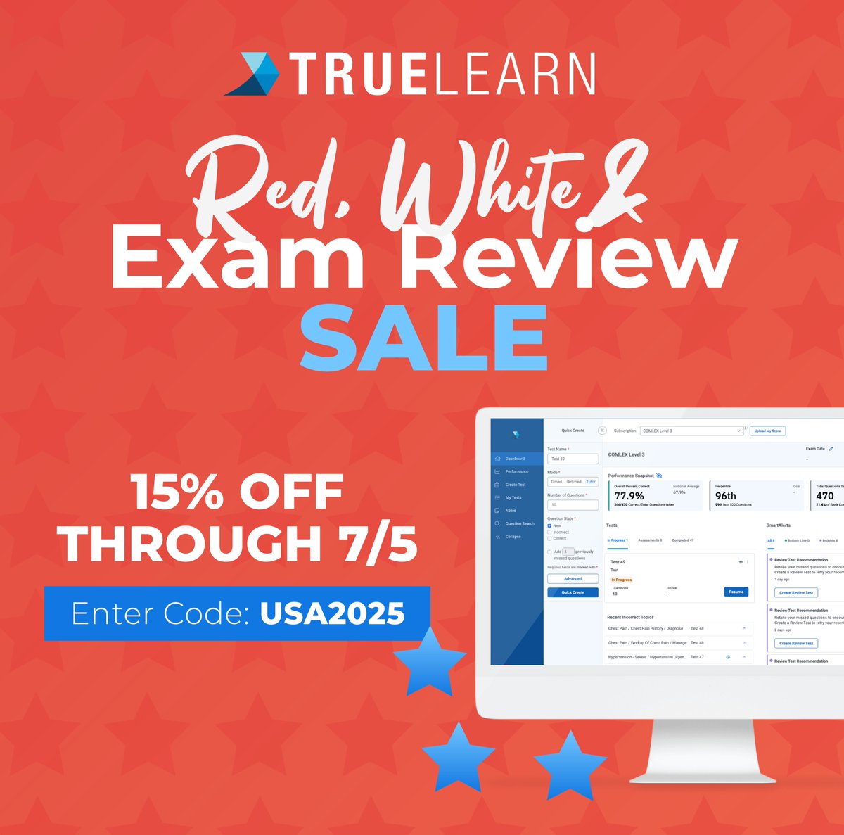 TrueLearnLLC's tweet image. 🎆 Red, White & SALE! Get 15% off exam prep thru 7/5 with code USA2025. Study smart, save big. 💥 Shop now: bit.ly/4eutsZZ