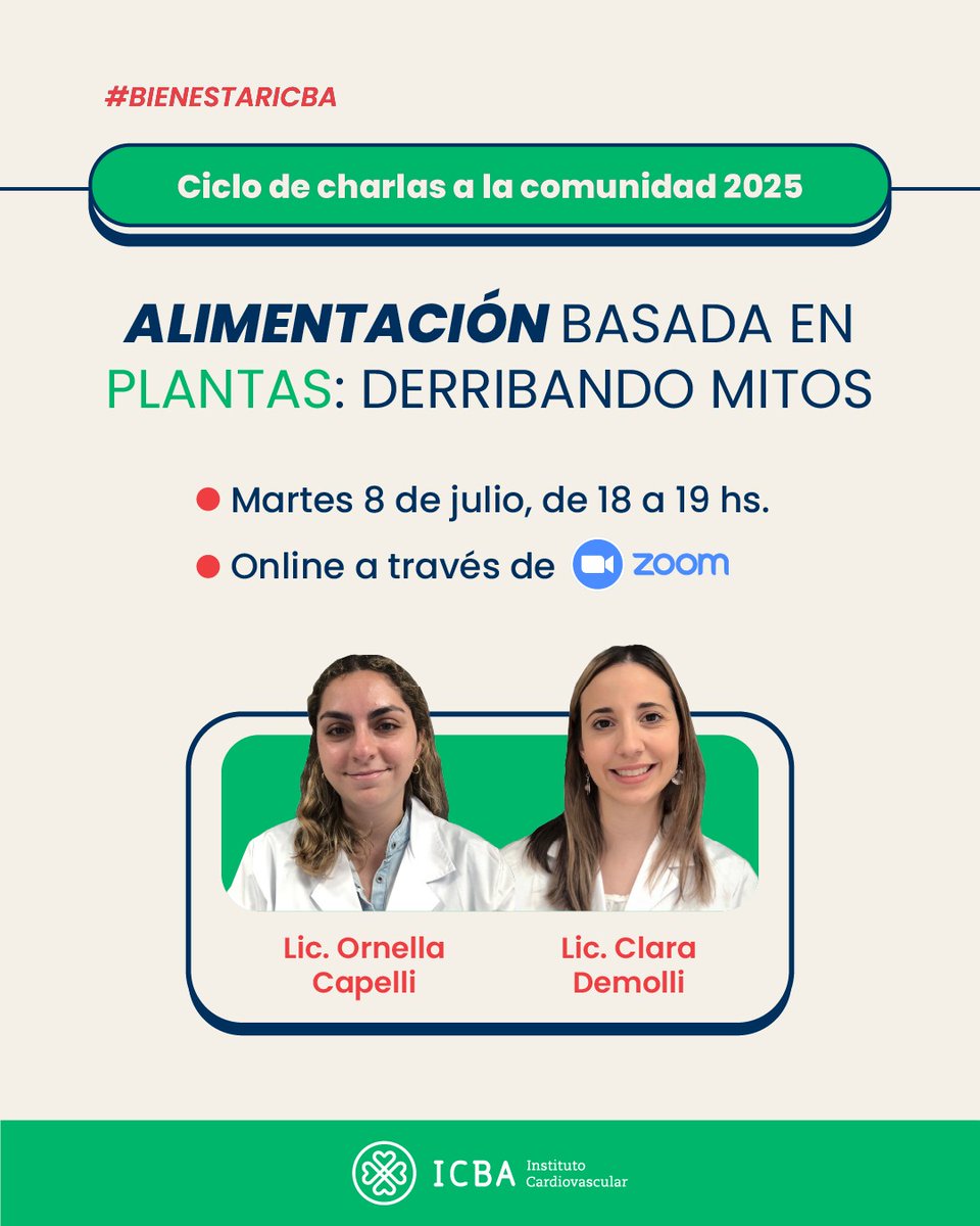💬 CICLO DE CHARLAS 2025

📌 Te invitamos a participar de nuestra charla sobre:

❤️ ”Alimentación basada en plantas: derribando mitos ”

👩🏻‍⚕️ Coordinadoras: Licenciadas Ornella Capelli y Clara Demolli 

🗓️Martes, 8 de julio
🕣18 a 19 hs
👩🏻‍💻Vía Zoom

📲Link de inscripción: