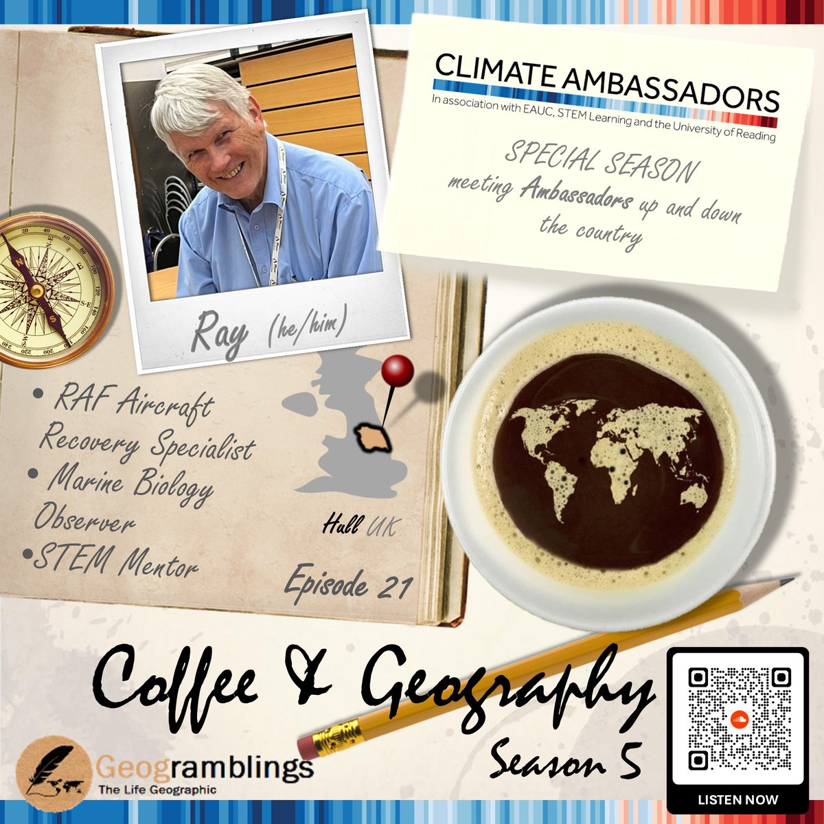 “We are all small cogs in a big system—but vital.” – Ray Butchart ☕

🎧 Hear more on engineering, octopuses &amp; empowering schools!

LISTEN soundcloud.com/geogramblings/… 

#CoffeeGeogPod #ClimateAmbassadors