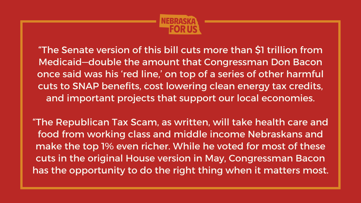 NebraskaForUs's tweet image. A statement from State Director Angie Lauritsen as the Senate advances major cuts to Medicaid, SNAP, and other programs. #DefendingTheGoodLife #NE02