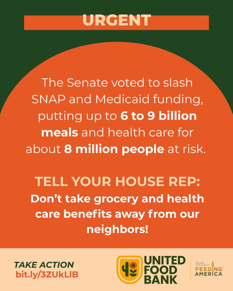 United Food Bank (@unitedfoodbank) on Twitter photo Time's running out to prevent the biggest cuts to SNAP and Medicaid in history! We're joining <a href="/FeedingAmerica/">Feeding America</a> to urge our representatives in the House to protect funding for food and health care programs that help our neighbors.
Add your voice: bit.ly/3ZUkLlB Time's running out to prevent the biggest cuts to SNAP and Medicaid in history! We're joining <a href="/FeedingAmerica/">Feeding America</a> to urge our representatives in the House to protect funding for food and health care programs that help our neighbors.
Add your voice: bit.ly/3ZUkLlB