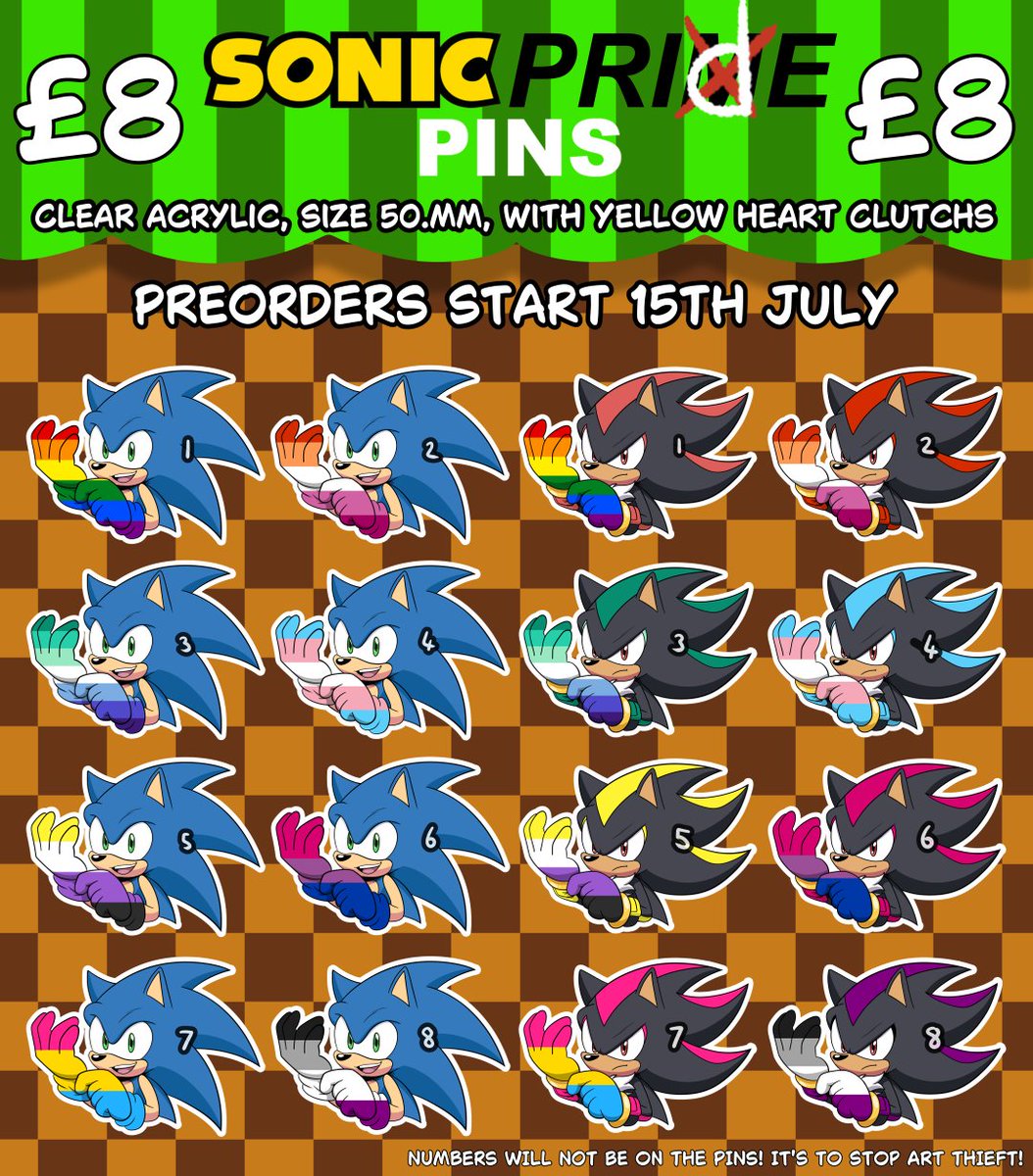 CHOOSE YOUR OWN SONIC PRIDE ACRYLIC PINS! 
£8 each 
PREORDERS STRAT 15th July!!!!!!!  
#SonicTheHedgehog #ShadowTheHedgehog #sonicpride #sonadow #sonadowfanart #sonicmerch #sonicpins
Sorry for numbers on heads! It's to stop art theft!