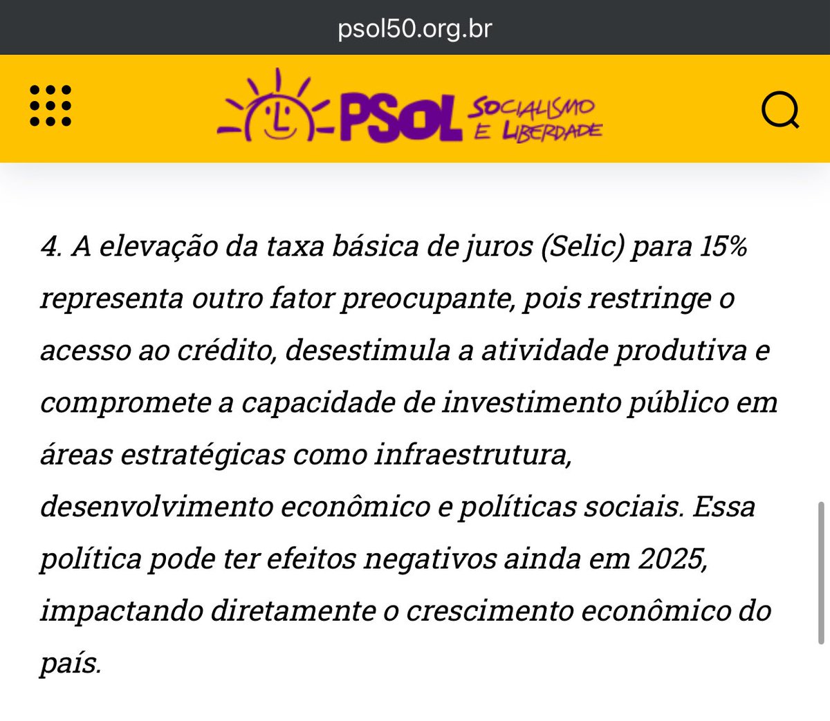 jonesmanoel_PE's tweet photo. Na recente nota de conjuntura da Executiva do PSOL, segue a tendência de falar do aumento da taxa de juros sem citar o nome do presidente do Banco Central: Gabriel Galípolo. Nem o nome Banco Central é citado mais. 

Galípolo, o protegido! https://t.co/QqCMxCw82s