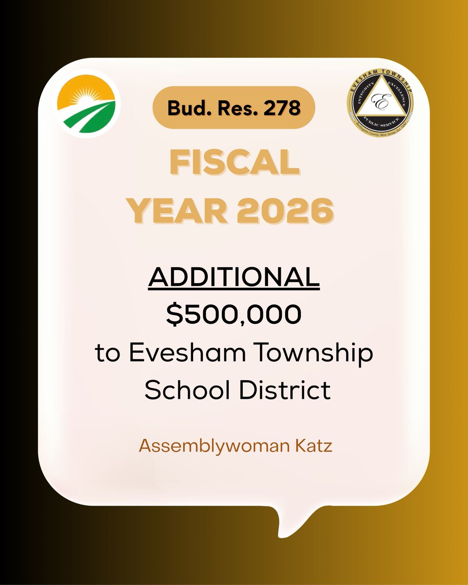 AswAndreaKatz's tweet image. There are several important items in the budget this year that I'll be highlighting over the next few weeks, but I want to start with an additional $500,000 for the Evesham Township School District. This additional money for property tax relief was one of my big priorities.