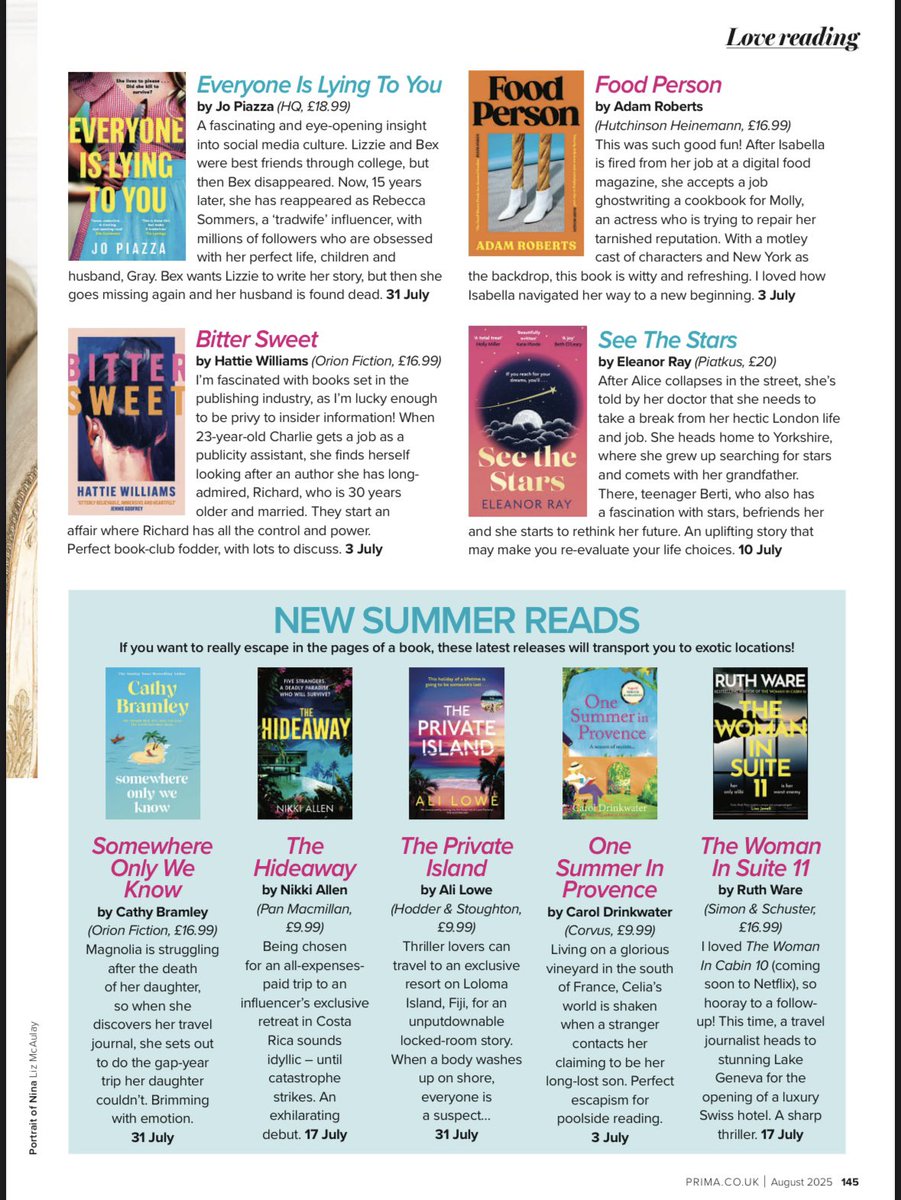 Matineegirl's tweet image. Happy July reading readers. My @PrimaMag picks this month and there are some great ones! Thank you @lisajewelluk @niccicloke @watsoncomedian Peter Swanson @jopiazza Hattie Williams @eleanorraybooks Adam Roberts some summer reading recommendations feat
