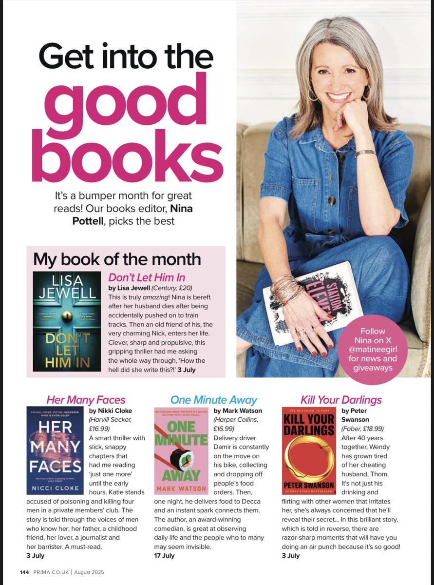 Matineegirl's tweet image. Happy July reading readers. My @PrimaMag picks this month and there are some great ones! Thank you @lisajewelluk @niccicloke @watsoncomedian Peter Swanson @jopiazza Hattie Williams @eleanorraybooks Adam Roberts some summer reading recommendations feat