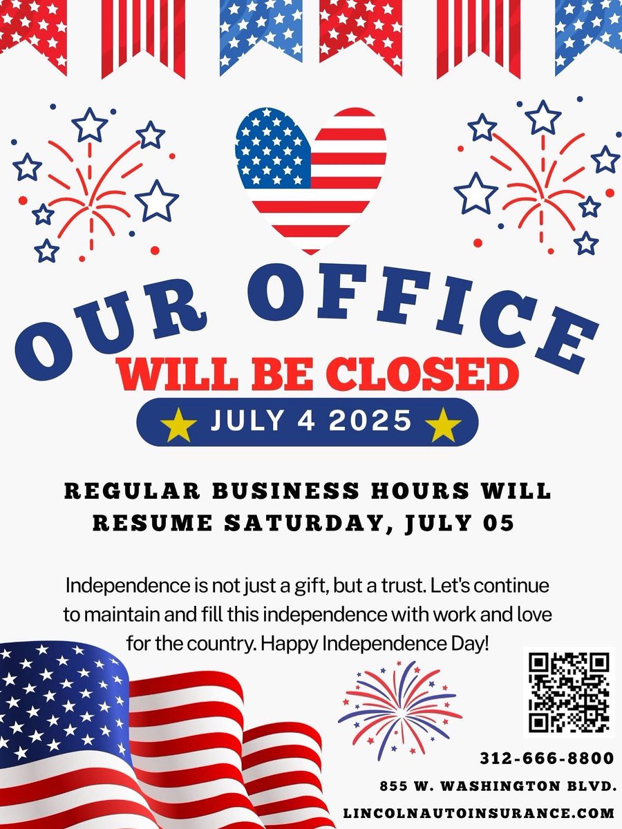 Lincoln Insurance will be closed on Friday, July 4
❤️💙🤍❤️💙🤍

To avoid cancellations, please contact Customer Service in advance for payment assistance or use our automated payment system. 
#4thofJuly #lincolninsurance