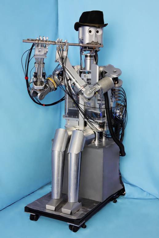 waseda university's flutist robots, developed from 1990 to 2009, had an artificial lung system, fingers that could open and close the flute keys, and artificial lips that were designed to measure force actuated by instrument. they also wore cute black hats. 

its purpose was to