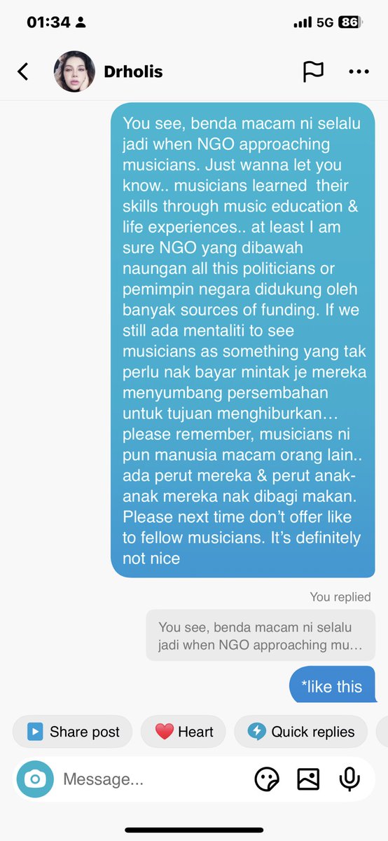 The fact ada yang think I am trying to smear nama Tun Mahathir &amp; Tun Hasmah.. tak nice ya. 

Here non censored the DM I received in my TikTok inbox. 

Let see what’s going to progress tomorrow towards my music platform 🫶🏻
