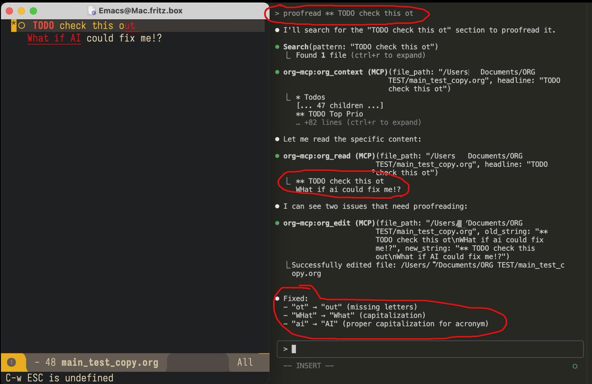 any_other_you's tweet image. vibed myself a litte org-mode mcp :)
Can:
- navigate outlines
- read subtrees
- refile
- archive
- add new headlines with correct heading level
- and of course edit
Prompts still needsome tweaking, but it works!
Still missing: agenda, todo, tables, convert list to headlines