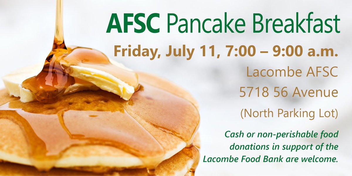 AFSC_AB's tweet photo. Excited for Lacombe Days? So are we! Kick off the festivities with a sizzle and join AFSC on Friday, July 11 from 7-9 a.m. for a free pancake breakfast served up hot and fresh right from our Lacombe Central Office parking lot. We hope to see you there! #LacombeDays #ABag https://t.co/q1VSqGGrU2