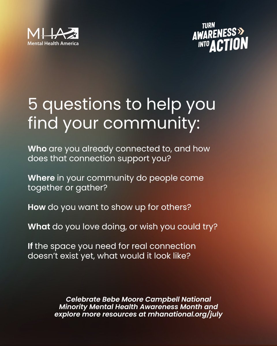 Embrace the power of self-care this July, in honor of National Minority Mental Health Awareness Month. 💪 Let's support each other through shared meals, deep and caring conversations, or lending a friendly hand. Take a free #mentalhealth test at mhascreening.org