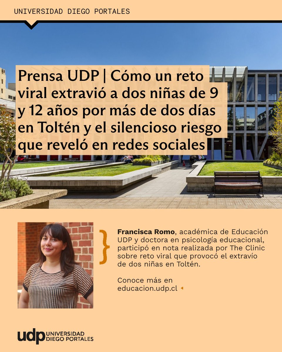 Facultad de Educación UDP (@educacionudp) on Twitter photo OPINIÓN| Compartimos participación de Francisca Romo, académica de Educación UDP, en nota realizada por <a href="/thecliniccl/">The Clinic</a> donde habla sobre el reto viral de redes sociales que provocó el extravío de dos niñas en Toltén ✔️
Revisa la nota completa aquí: qrcd.org/8vUg 📲 OPINIÓN| Compartimos participación de Francisca Romo, académica de Educación UDP, en nota realizada por <a href="/thecliniccl/">The Clinic</a> donde habla sobre el reto viral de redes sociales que provocó el extravío de dos niñas en Toltén ✔️
Revisa la nota completa aquí: qrcd.org/8vUg 📲