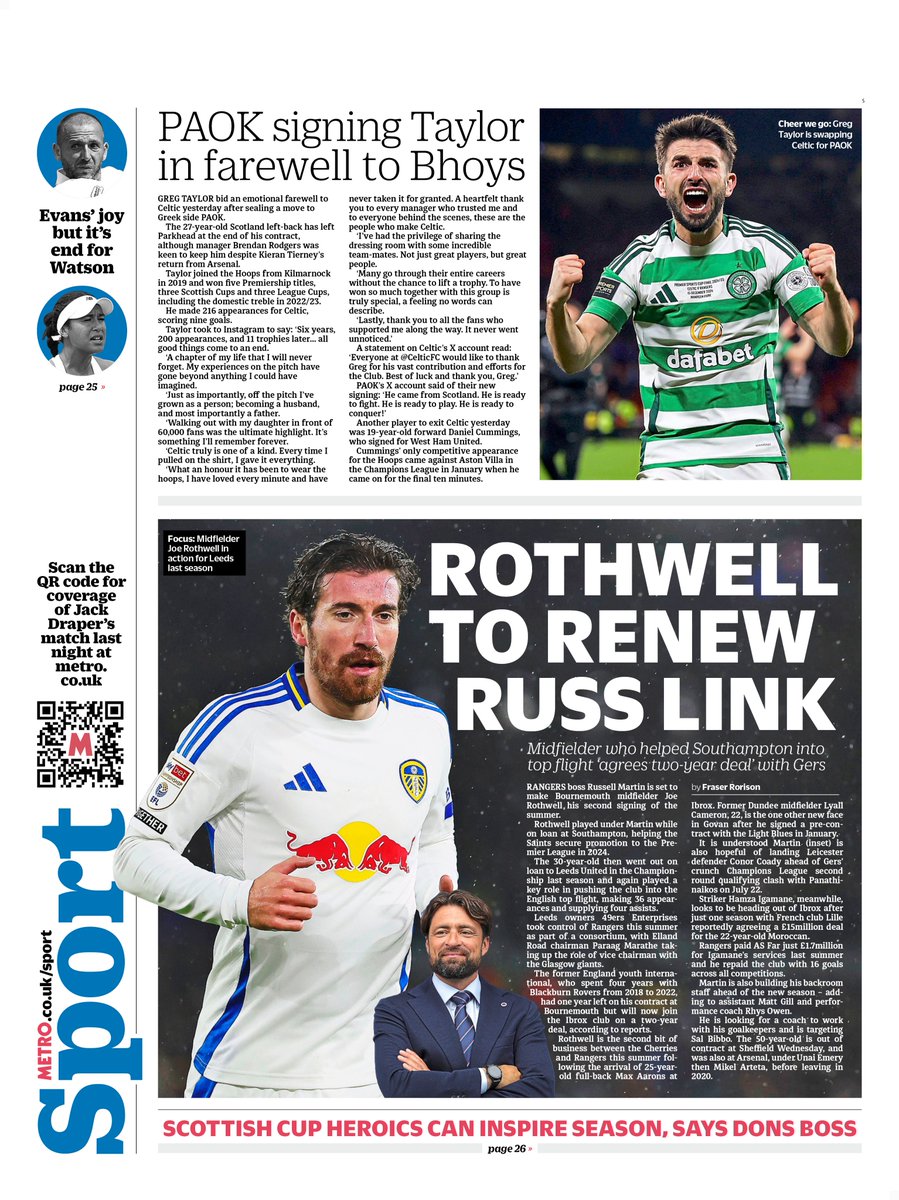Wednesday's back page                                 

ROTHWELL 
TO RENEW 
RUSS LINK  

Midfielder who helped Southampton into top flight ‘agrees two-year deal’ with Gers    

#TomorrowsPapersToday #scotpapers #skypapers #BBCPapers #scottishfootball