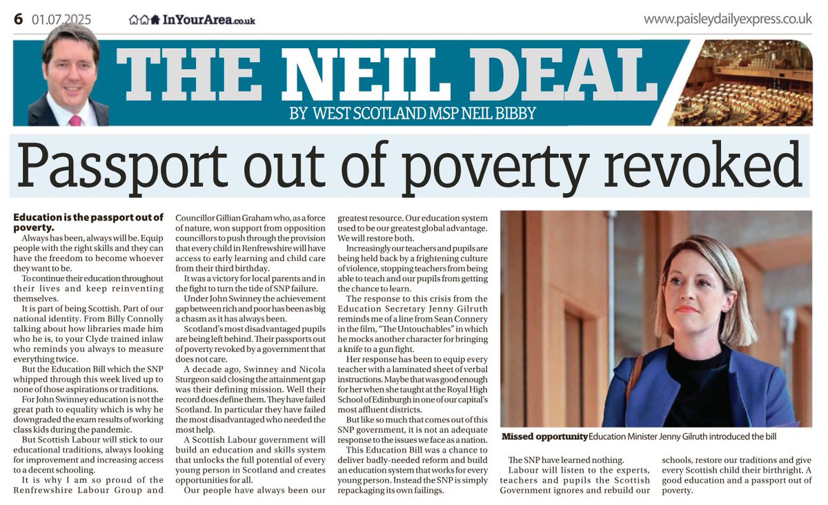 NeilBibby's tweet image. 📚Education is a passport out of poverty - but countless pupils have had those passports out of poverty revoked by the SNP.
Our school children deserve better and need a new direction.
My latest Paisley Daily Express column👇🏻