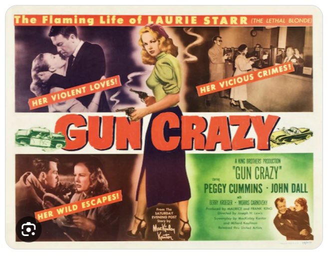 In "Gun Crazy" (1950), he's fixated on firearms. She's a carnival sharpshooter.
They meet, fall in love, tip over a few gas stations and stores ... and kill. Blacklisted scribe Dalton Trumbo penned the sensational low-budget opus that clocks in at a mere 87 minutes. #filmnoir