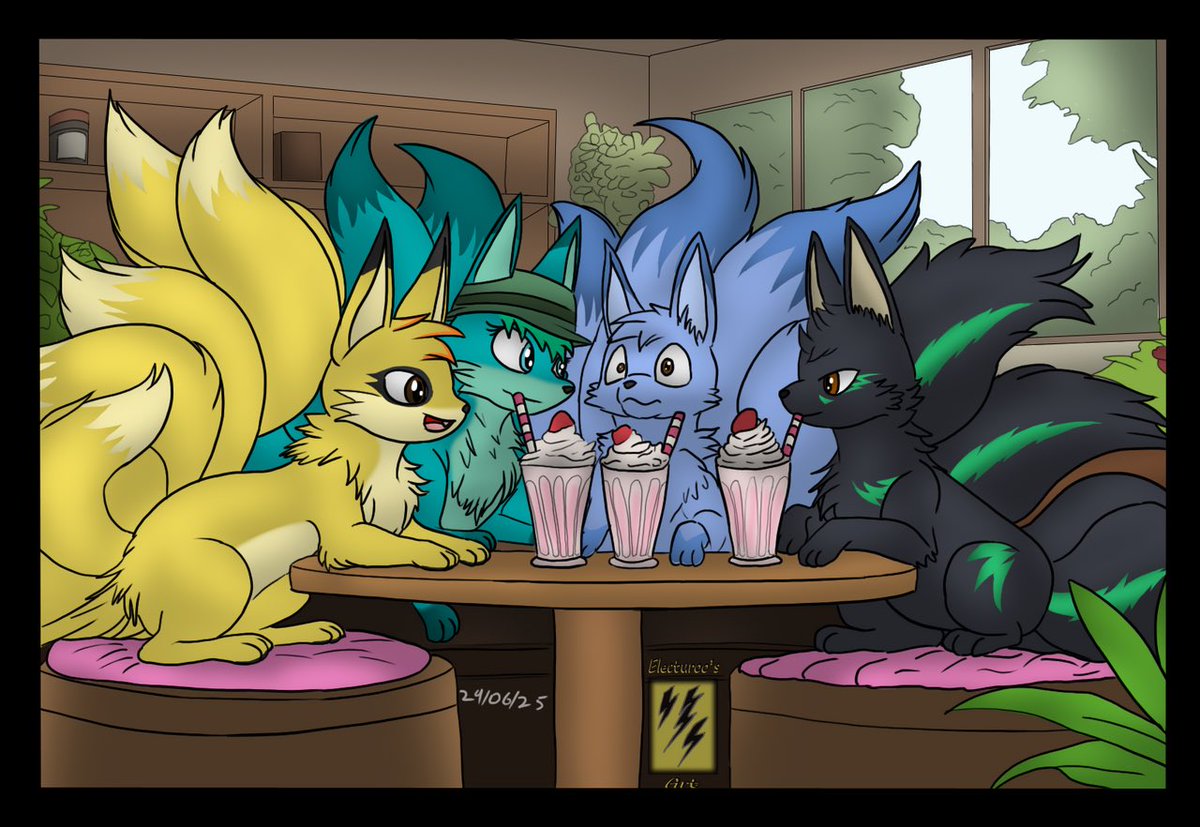 A group of friends turned kitsunes having a chilled fun time at a small café, Chris may have drunk his shake a bit too fast.

#TFTuesday #Transfur #Kitsune <a href="/CrizBN/">Chris the Mew</a> <a href="/kellyandkyle484/">Kylmaietie</a> <a href="/Xyron_007/">Xyron</a>