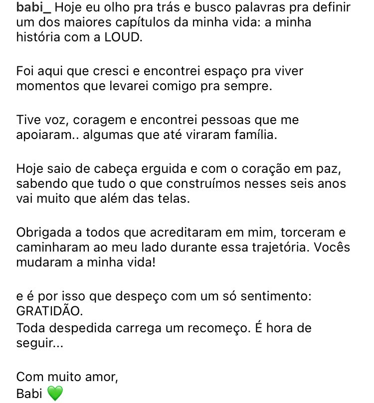 eu vi esse ciclo se iniciar lá em 2019, e estou vendo ele se encerrar hoje, e só tenho a dizer que sinto muito orgulho de ter acompanhado toda essa trajetória da Babi na LOUD. 

sou fã pra caralho da pessoa certa, e vou continuar sendo. te amo @loud_babi