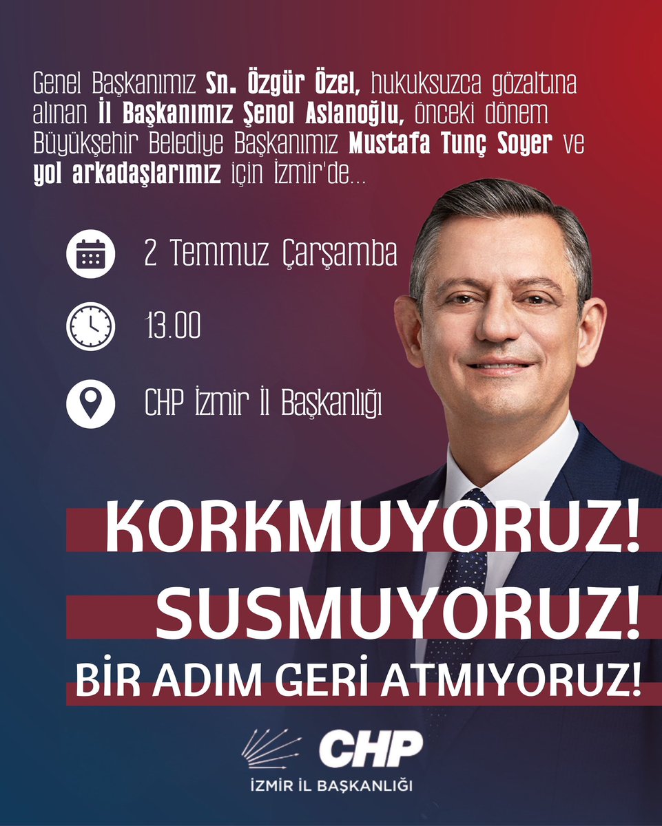 Hukuksuzca gözaltına alınan İl Başkanımız Şenol Aslanoğlu, Önceki Dönem Büyükşehir Belediye Başkanımız Tunç Soyer ve tüm yol arkadaşlarımız için Genel Başkanımız Sayın Özgür Özel 2 Temmuz Çarşamba saat 13:00'te İl Başkanlığımızı ziyaret ederek halkımıza ve örgütümüze