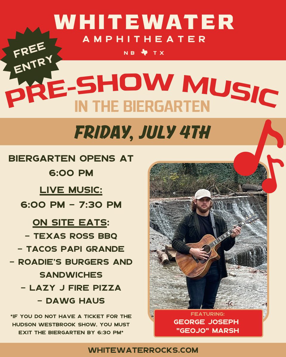 WhitewaterRocks's tweet image. 🎶🎆 Kick off 4th of July a little early with free pre-show tunes with George Joseph Marsh in the Biergarten!
The Biergarten is free to enter and open to the public 6:00 PM - 6:30 PM. After 6:30 PM, the Biergarten will be closed to those without tickets to see Hudson Westbrook.…
