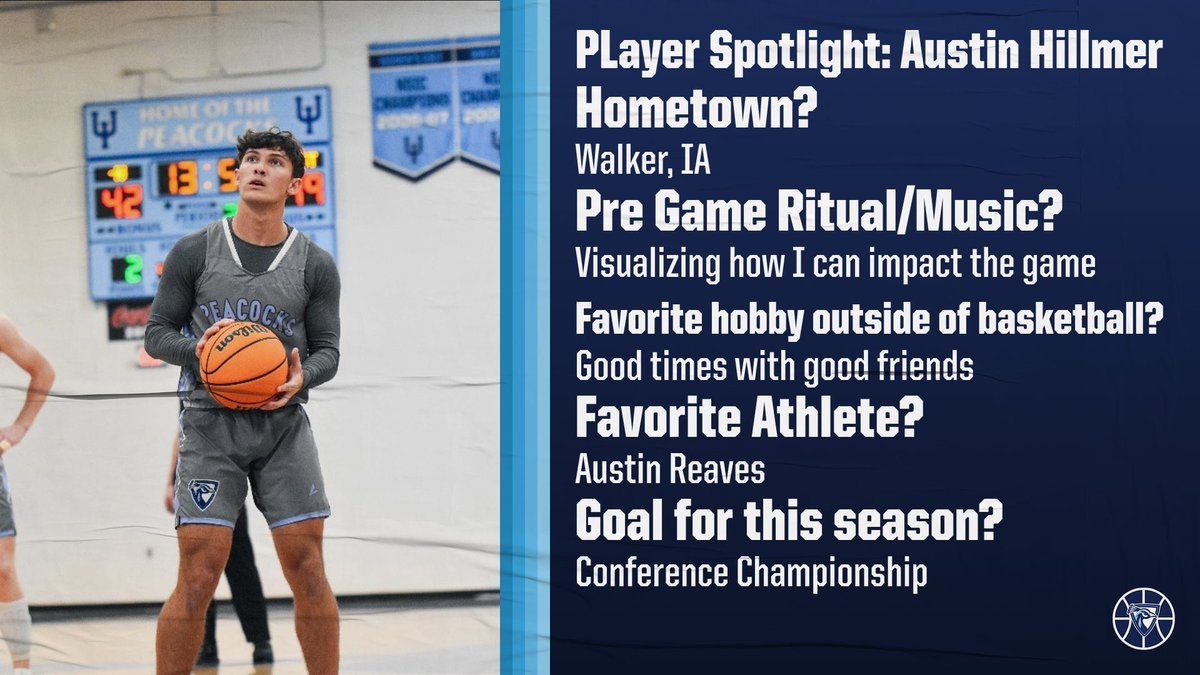 ⭐️ Player Spotlight ⭐️
We are starting off our player spotlight with senior guard Austin Hillmer!

Stay tuned as we will be posting more player spotlights throughout the month! 🦚

#feathersup