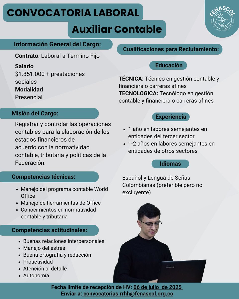FENASCOL (@fenascol) on Twitter photo 🚨Vacantes abiertas en FENASCOL:
👩💼 Asistente de Dirección General
📊 Auxiliar Contable
📅 Postula hasta el 6 de julio
📩 Envía tu hoja de vida a: convocatorias.rrhh@fenascol.org.co
🔍 Toda la info en las piezas 👉
#TrabajoSíHay #OportunidadLaboral 🚨Vacantes abiertas en FENASCOL:
👩💼 Asistente de Dirección General
📊 Auxiliar Contable
📅 Postula hasta el 6 de julio
📩 Envía tu hoja de vida a: convocatorias.rrhh@fenascol.org.co
🔍 Toda la info en las piezas 👉
#TrabajoSíHay #OportunidadLaboral