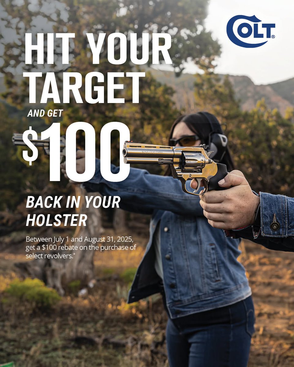 SUMMER REBATE ALERT! ⁠
Get $100 BACK on your purchase of any NEW REVOLVER! 

budsgunshop.com/.../specials/r…

Valid on all new Colt revolvers (excludes Anaconda 45 Colt)⁠
Purchase window: July 1 - August 31, 2025⁠
Submit your rebate by September 15, 2025

#BudsGunShop #Colt