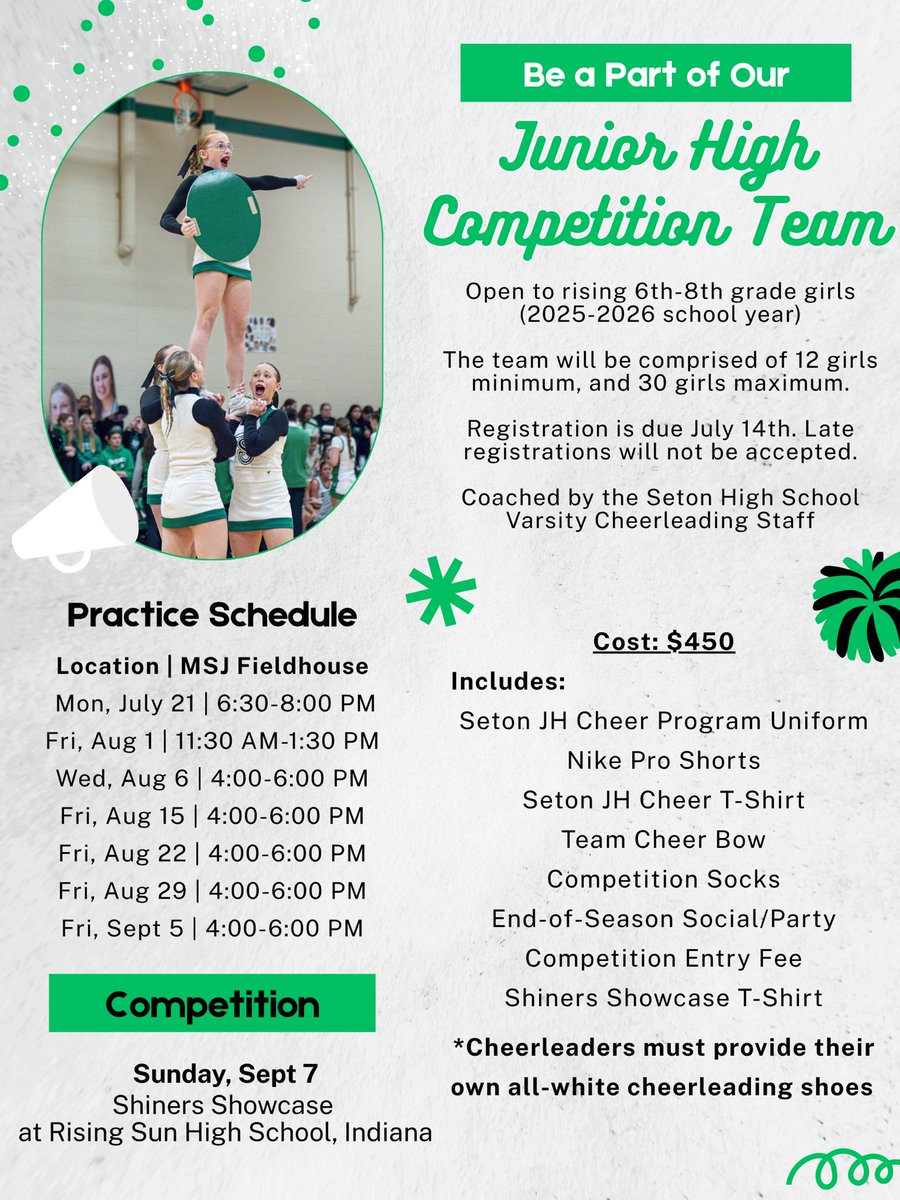 Bring the spirit and compete as a Saint! 💚📣

The 2025 Seton Junior High Cheer Competition Team is open to rising 6th-8th grade girls ready to cheer, stunt, and shine!

secure.qgiv.com/for/setonhighs…

#GoSaints
