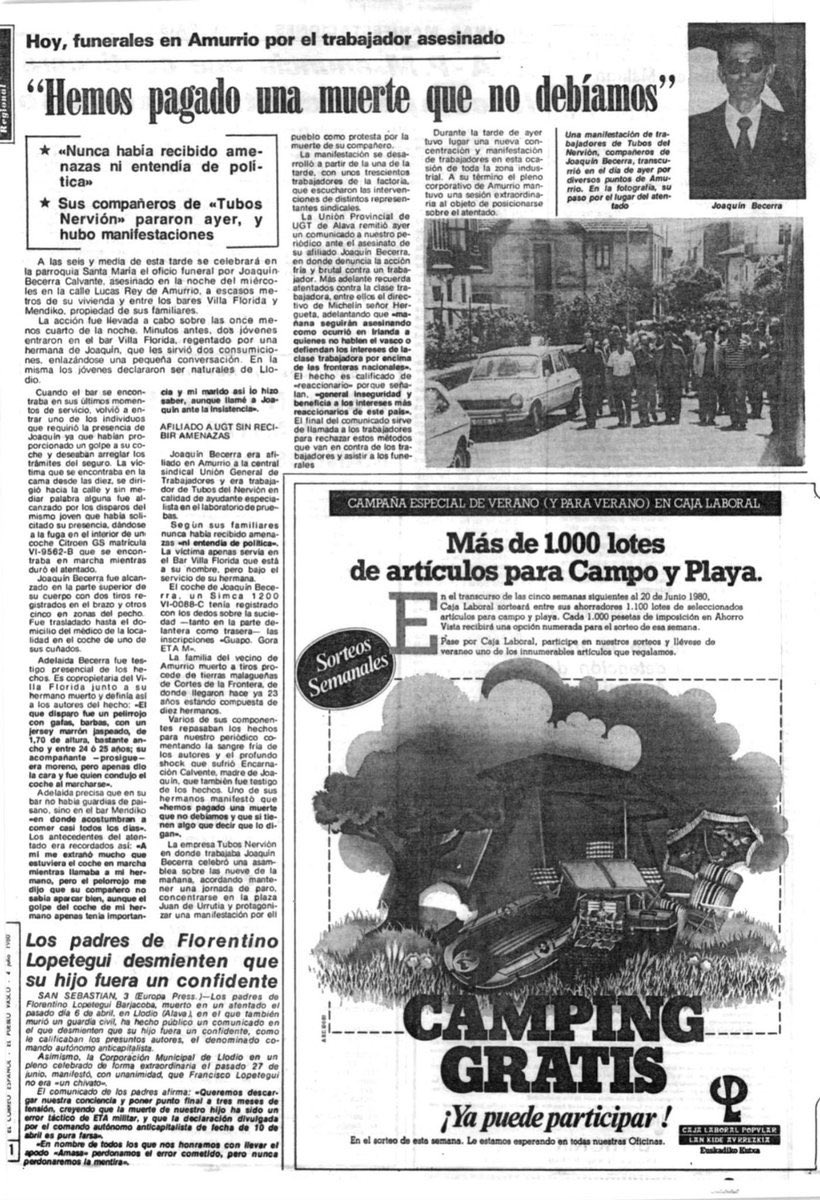 02/07/1980. Amurrio. Se cumplen 45 años del asesinato por ETA-m del obrero, hostelero y militante <a href="/UGT_Euskadi/">UGT Euskadi</a> JOAQUÍN BECERRA CALVENTE. Estaba durmiendo cuando avisaron a su hermana de un golpe a su coche. Al salir de casa, dos pistoleros le dispararon siete tiros matándole.