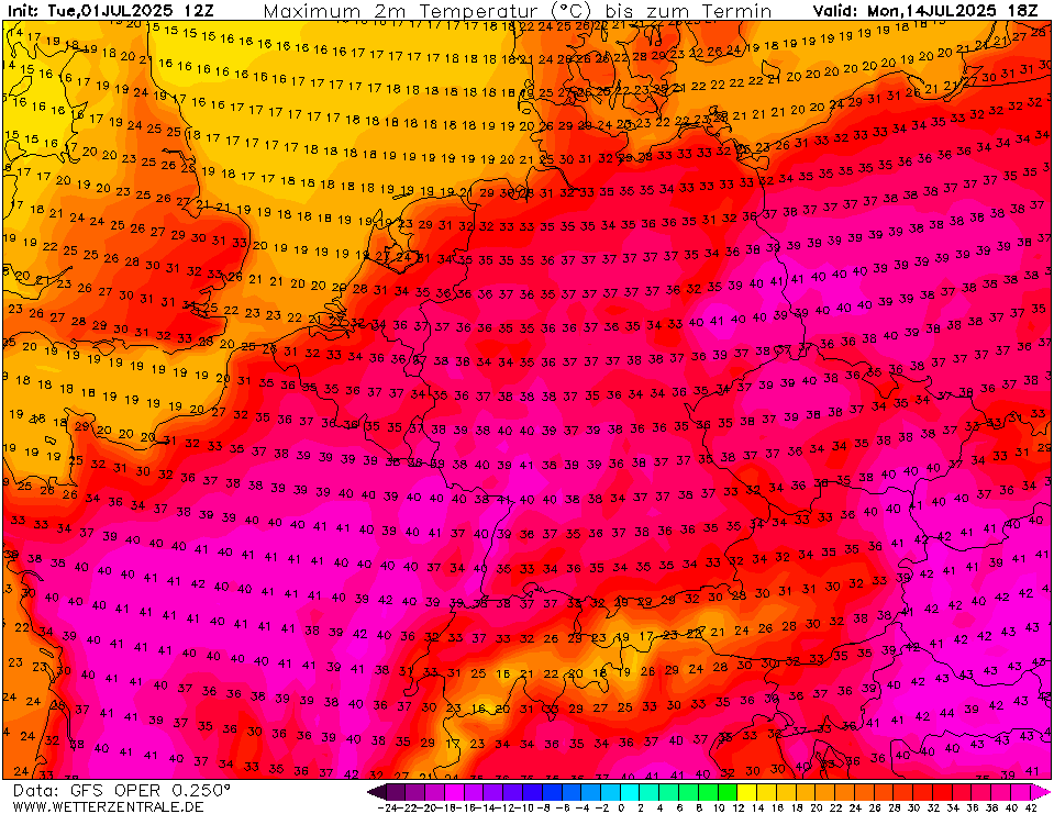 sturmwetter1703's tweet photo. 🌡️🔴🟣
GFS deutet seit einigen Läufen Richtung Mitte Juli eine neue #Hitzewelle für #Deutschland/Mitteleuropa an. Der 12z Lauf rechnet ansteigendes Geop. 500 hpa und eine riesige #Hitzeblase über großen teilen von Europa an. Über viele Tage auch in DEU 35/40°C, teils sogar 42°C! https://t.co/HAD9cPO47r