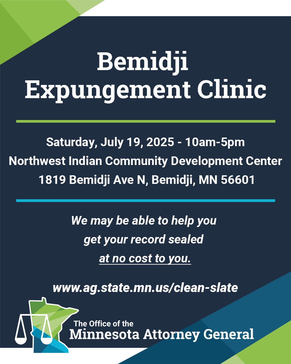 AGEllison's tweet image. If you've turned over a new leaf but still struggle to find a job or housing because of an old conviction, we may be able to help seal your record. Join us July 19 in Bemidji & July 20 in White Earth for our next expungement clinics. ID required.
RSVP: ag.state.mn.us/clean-slate