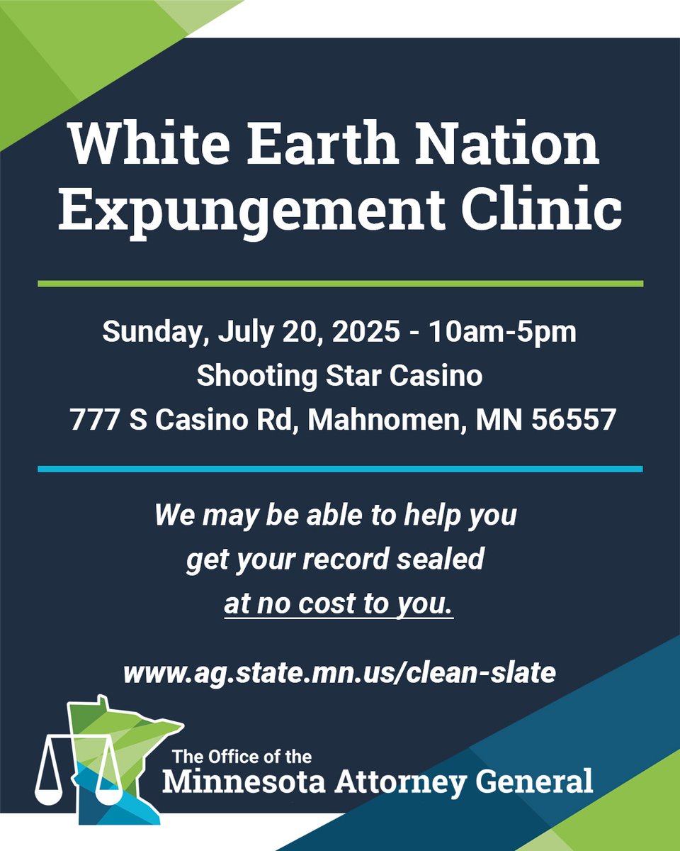 AGEllison's tweet image. If you've turned over a new leaf but still struggle to find a job or housing because of an old conviction, we may be able to help seal your record. Join us July 19 in Bemidji & July 20 in White Earth for our next expungement clinics. ID required.
RSVP: ag.state.mn.us/clean-slate