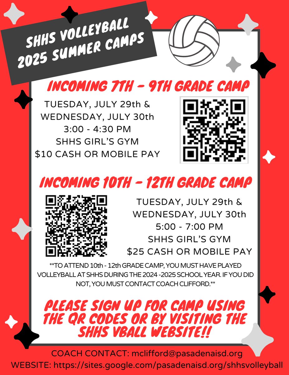 volleyball_shhs's tweet image. Camps are quickly approaching! Please make sure to sign up using the QR codes below or by visiting the SHHS Volleyball website!
