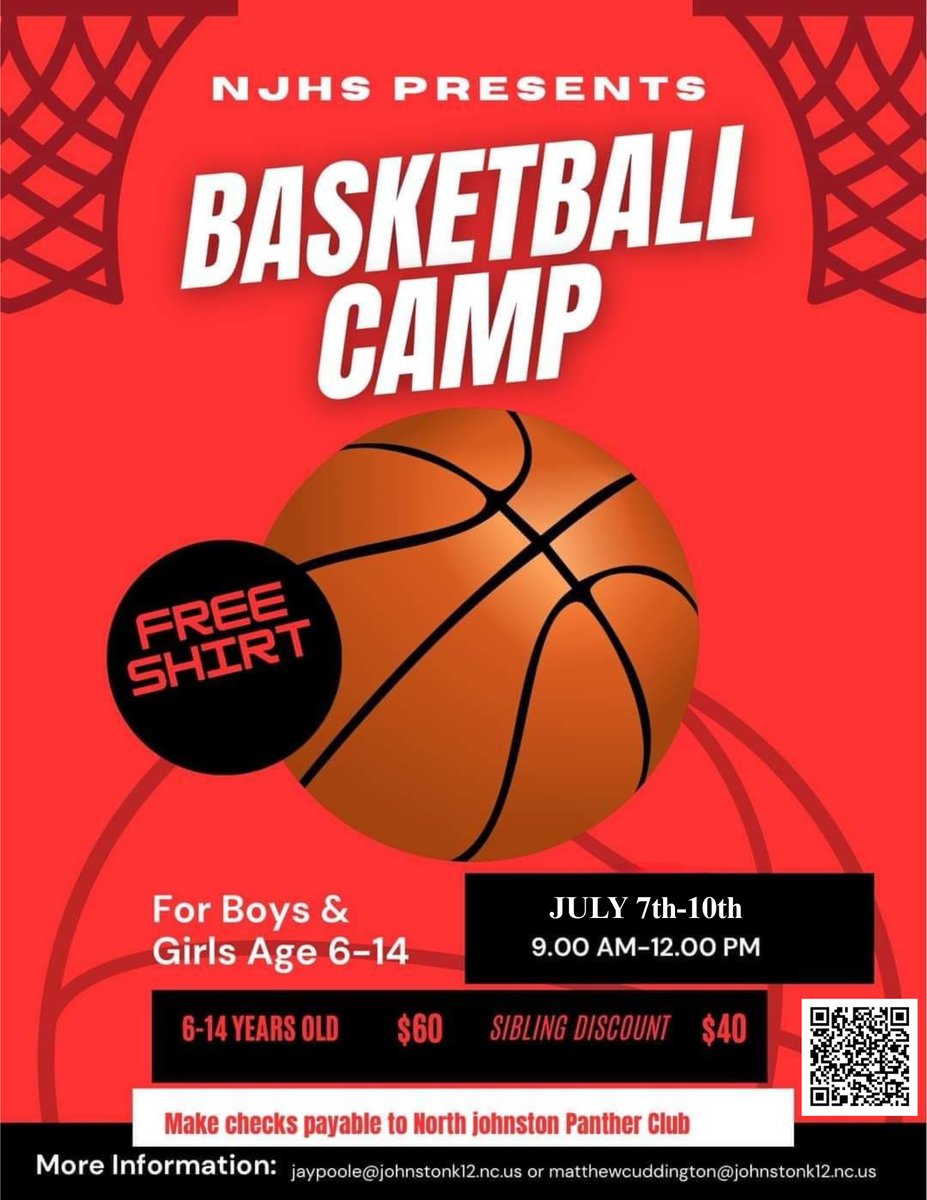Less than a week away! Makes plans after the July 4th Holiday to attend the North Johnston High School Youth basketball camp! A camp that teaches FUNdamentals! Use the QR code register in advance. Checks write to the North Johnston Panther Club. Go Panthers! 🐾🏀