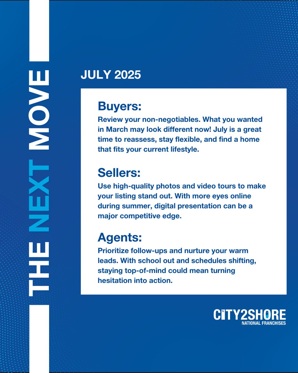 It's time to make smart moves that stick. 🔑 Let’s crush the summer market together!  
#JuneGoals #TheNextMove #City2Shore #RealEstateJourney #HomeGoals #SummerRealEstate #BuySellRepeat #RealtorTips #JuneMarket #ClientFirst #C2S
