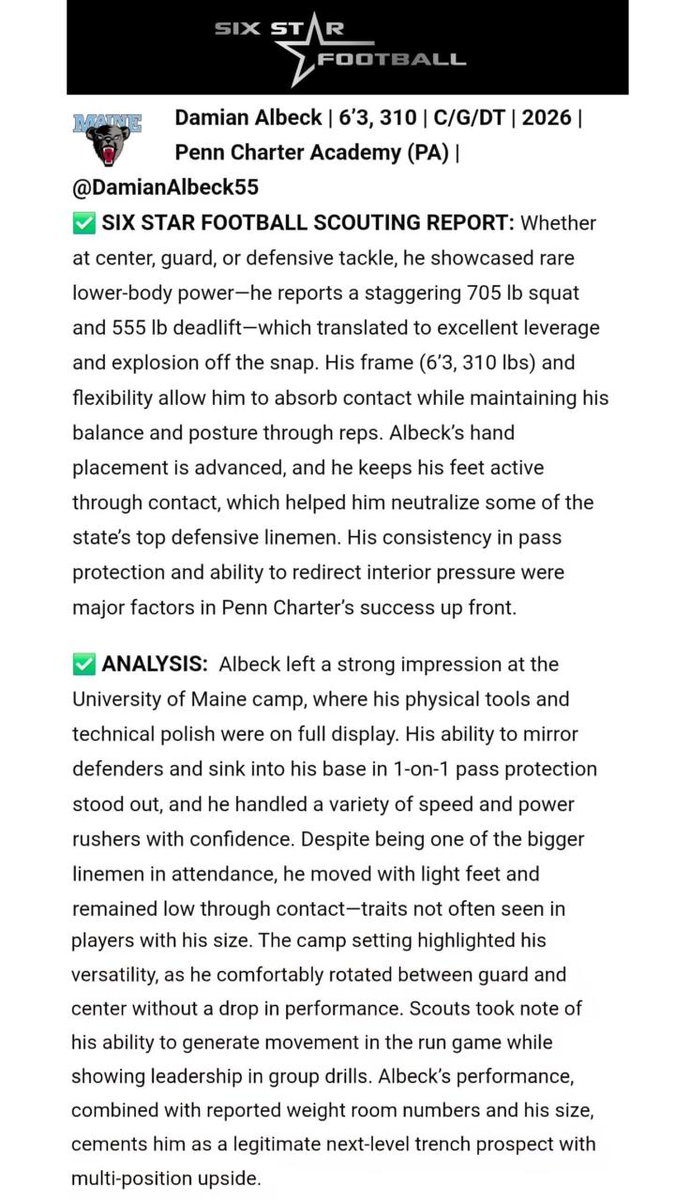 Damian Albeck (@damianalbeck55) on Twitter photo Went up and put on a show at the U of Maine football camp and <a href="/sixstarfootball/">Six Star Football | PLUS+</a> took notice and wrote this amazing write-up on me.A few more camps this summer at <a href="/StonyBrookFB/">Stony Brook Football</a> and <a href="/Towson_FB/">Towson Football</a> then it's time formy senior year,can't wait! <a href="/CoachCuevas78/">Brandon Cuevas</a>
<a href="/Coach_Hatcher20/">Mike Hatcher</a>
<a href="/CoachHamm17/">Sean Hammonds Jr</a> Went up and put on a show at the U of Maine football camp and <a href="/sixstarfootball/">Six Star Football | PLUS+</a> took notice and wrote this amazing write-up on me.A few more camps this summer at <a href="/StonyBrookFB/">Stony Brook Football</a> and <a href="/Towson_FB/">Towson Football</a> then it's time formy senior year,can't wait! <a href="/CoachCuevas78/">Brandon Cuevas</a>
<a href="/Coach_Hatcher20/">Mike Hatcher</a>
<a href="/CoachHamm17/">Sean Hammonds Jr</a>