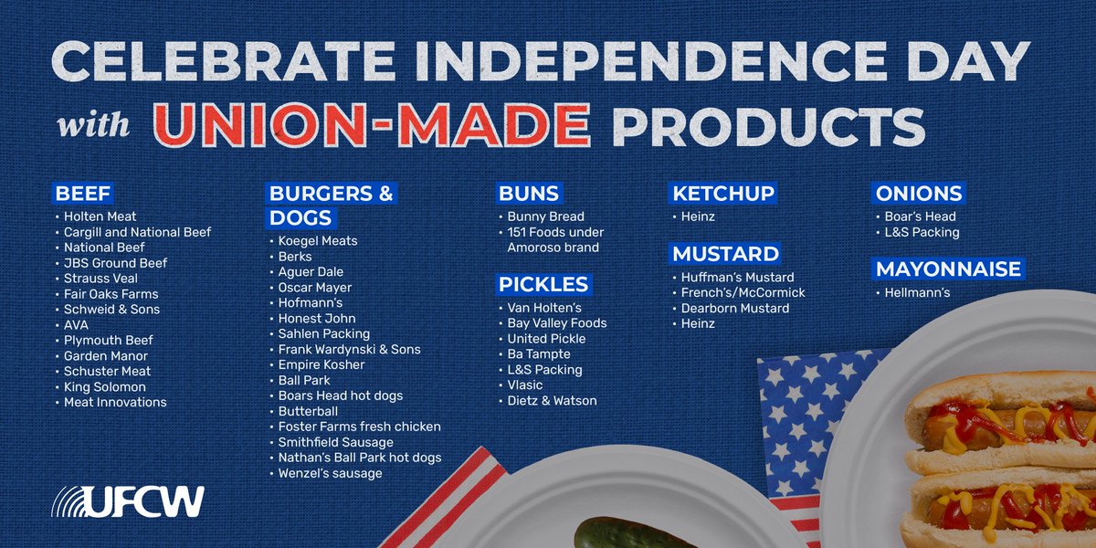 UFCW's tweet image. This Fourth of July, celebrate with union-made products and support the workers who keep America fed!
Get started on your shopping list at the link below.
🌭: bit.ly/3Il4yQc